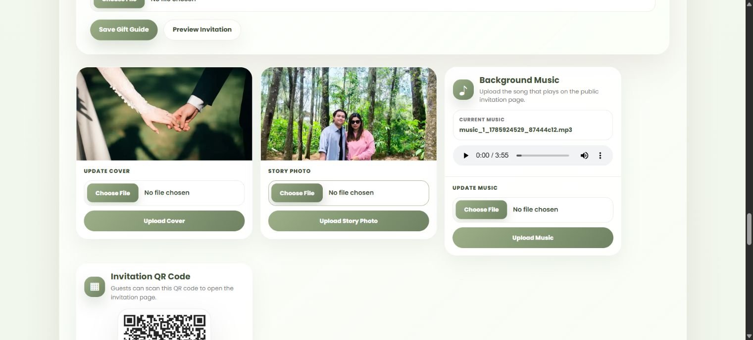 Wedding client dashboard with cover photo, story photo, background music, and invitation QR code controls