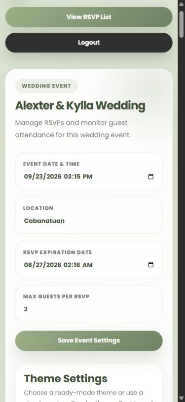 Mobile wedding client dashboard with event date, location, RSVP deadline, and guest limit settings