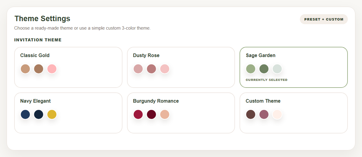 Client dashboard Theme Settings showing preset and custom invitation color palettes