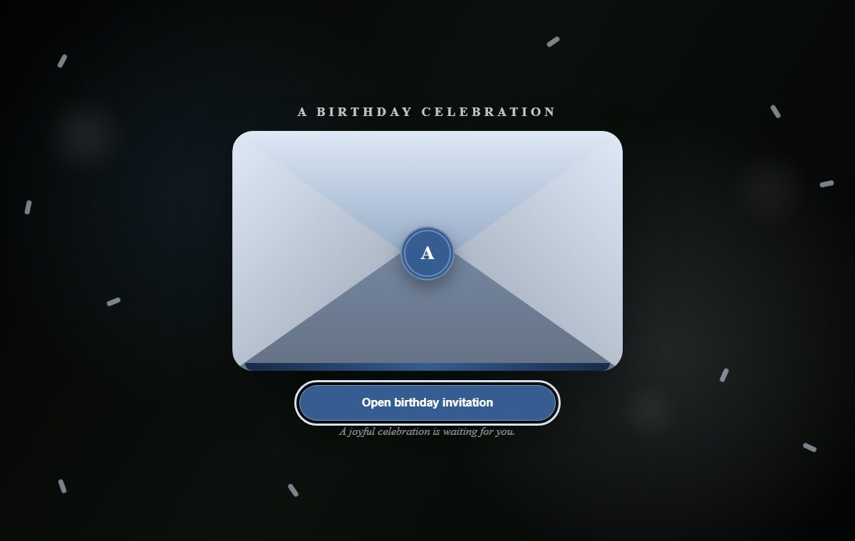 Sample birthday invitation with a blue envelope