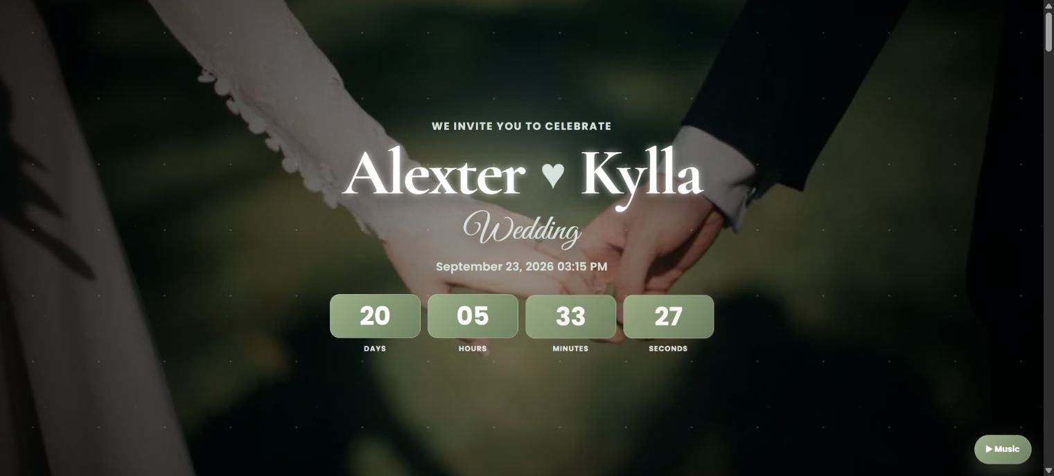 Alexter and Kylla wedding invitation with a cover photo, event date, and live countdown